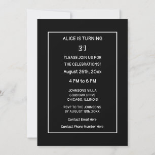 Invitation 21e anniversaire moderne minimaliste noir blanc pe