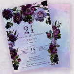 Invitation 21e anniversaire Moody Purple Gothic Flower<br><div class="desc">Les roses, les pivoines et les baies de lavande et de violet foncé créent une ambiance gothique. Le feuillage Edgy ajoute à la pièce, tandis qu'un lave à l'eau mauve, bleue et rose ajoute une touche féminine douce et l'empêche d'être trop foncé. Le dos est aussi joli que l'avant avec...</div>