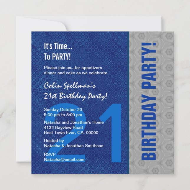 Invitation 21e anniversaire Motif bleu et argent Recyclé (Devant)