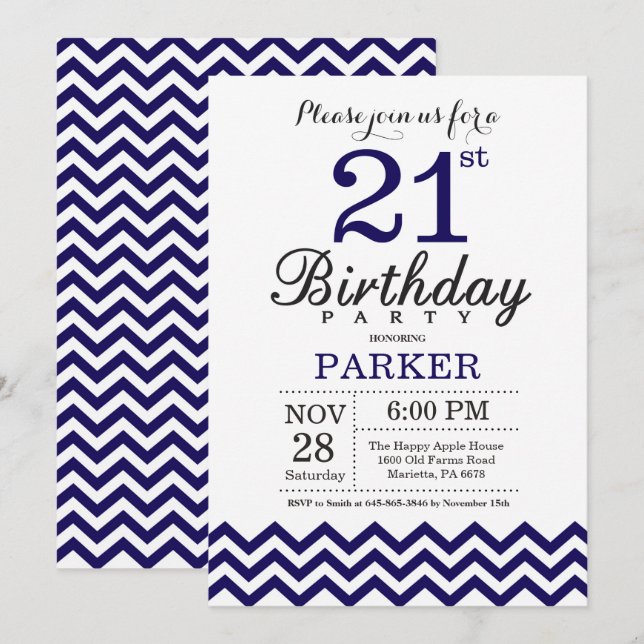 Invitation 21e anniversaire Navy Blue Chevron (Devant / Derrière)
