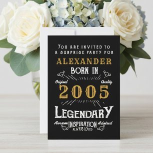 Invitation 21e Anniversaire Né 2005 Noir Or Rétro Vintage