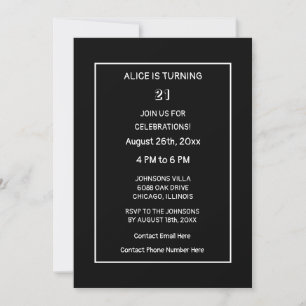 Invitation 21e anniversaire noir blanc moderne minimaliste pe
