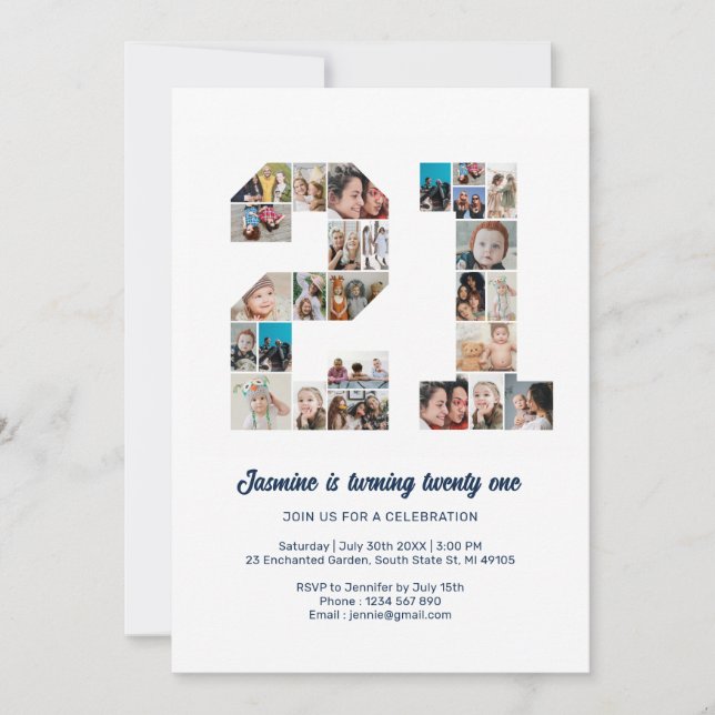Invitation 21e anniversaire Numéro 21 Photo personnalisée Col (Devant)
