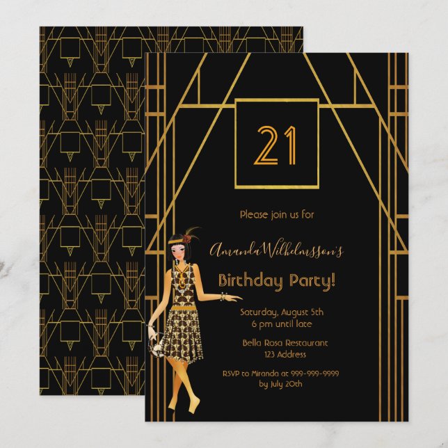 Invitation 21e anniversaire or noir 1920 art déco (Devant / Derrière)