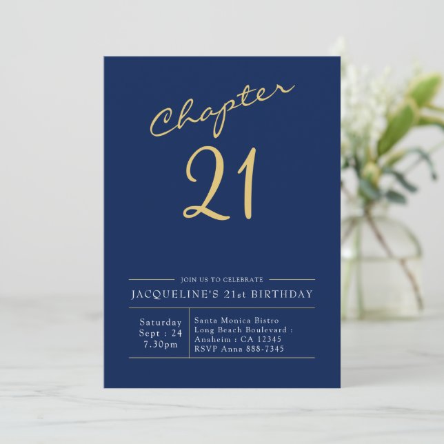 Invitation 21e Anniversaire Or Script moderne bleu (Debout devant)