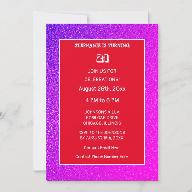 Invitation 21e anniversaire Orange rose violet Parties scinti (Devant)