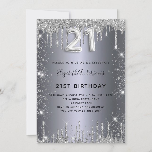 Invitation 21e anniversaire parties scintillant argent (Devant)