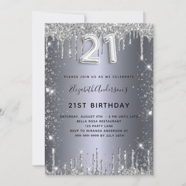 Invitation 21e anniversaire parties scintillant argent (Devant)