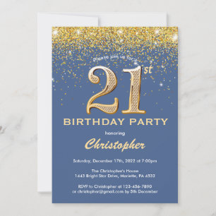 Invitation 21e anniversaire Parties scintillant bleue et or C