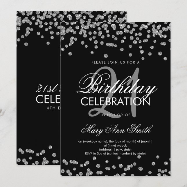 Invitation 21e anniversaire Parties scintillant d'argent Conf (Devant / Derrière)