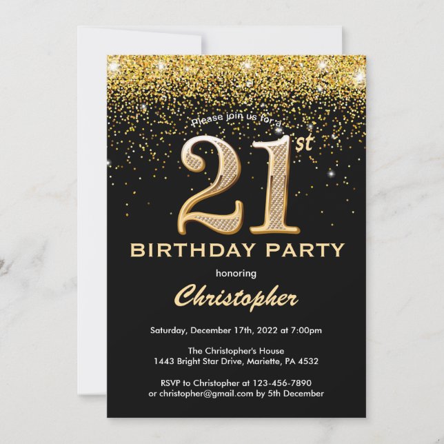Invitation 21e anniversaire Parties scintillant Noir et Or Co (Devant)