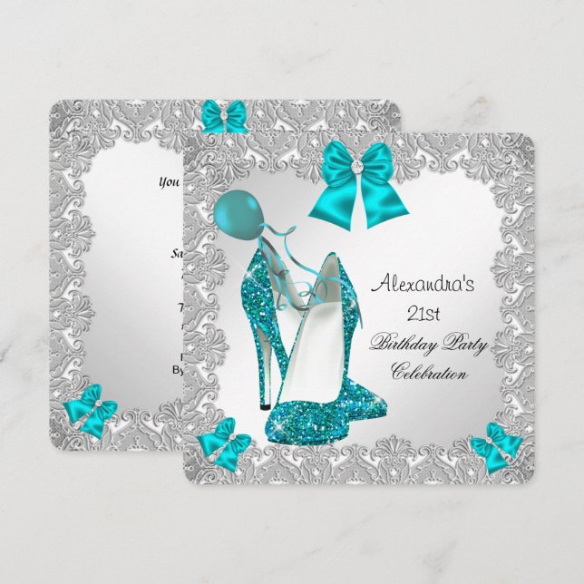 Invitation 21e anniversaire Parties scintillant Turquoise Ble (Devant / Derrière)