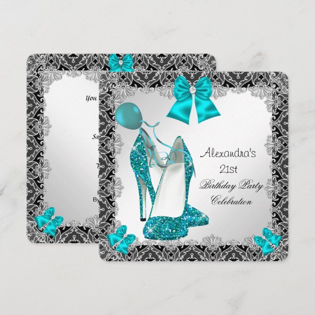 Invitation 21e anniversaire Parties scintillant Turquoise Ble (Devant / Derrière)