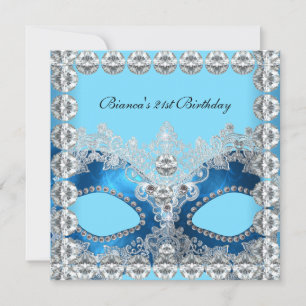 Invitation 21e Anniversaire Party Blue White Diamonds Mask