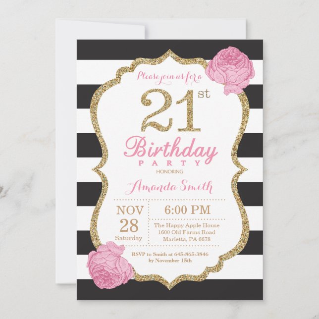 Invitation 21e anniversaire Pink Black Gold Floral (Devant)