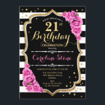 Invitation 21e anniversaire Pink Black White Strip<br><div class="desc">21st Birthday Invitation Design élégant noir blanc rose avec fausse parties scintillant. Bandes noires et blanches avec roses roses roses. Parfait pour une soirée d'anniversaire élégante.</div>