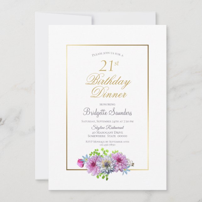 Invitation 21e anniversaire Pink Blue Floral Gold Dîner front (Devant)