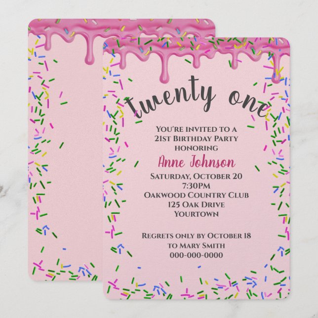 Invitation 21e Anniversaire Pink Icing Et Sprinkles (Devant / Derrière)