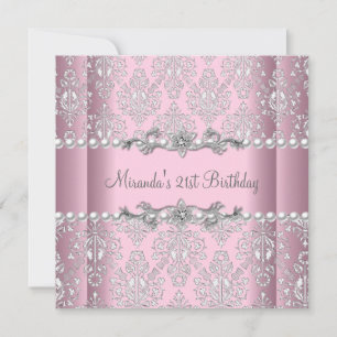 Invitation 21e Anniversaire Pink White Pearl Silver Lace