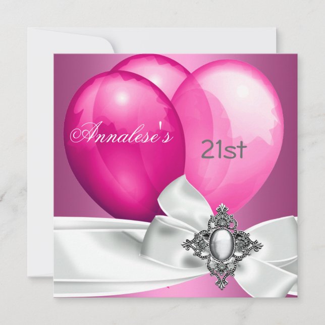 Invitation 21e Anniversaire Pink White Silver Bow Ballons (Devant)