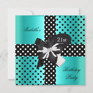 Invitation 21e Anniversaire Polka Dot Turquoise Noir Blanc