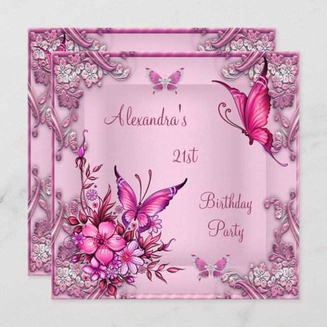 Invitation 21e anniversaire Pretty rose papillon floral Argen (Devant / Derrière)