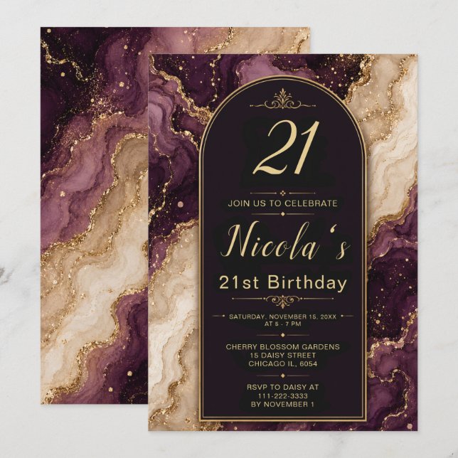 Invitation 21e anniversaire prune et or (Devant / Derrière)