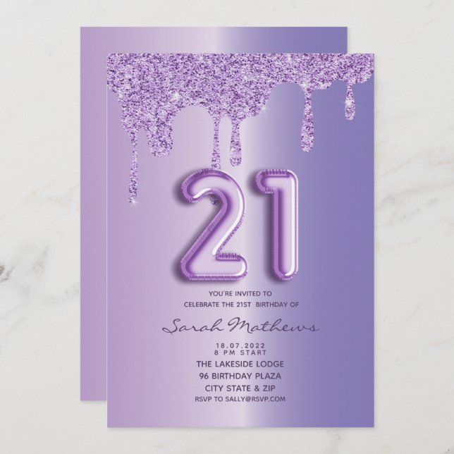 Invitation 21e anniversaire Purple Parties scintillant Drips  (Devant / Derrière)