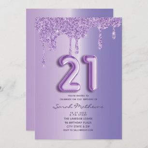 Invitation 21e anniversaire Purple Parties scintillant Drips