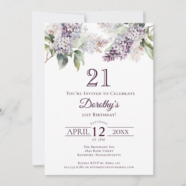 Invitation 21e anniversaire Purple Spring Lilac Fleur (Devant)