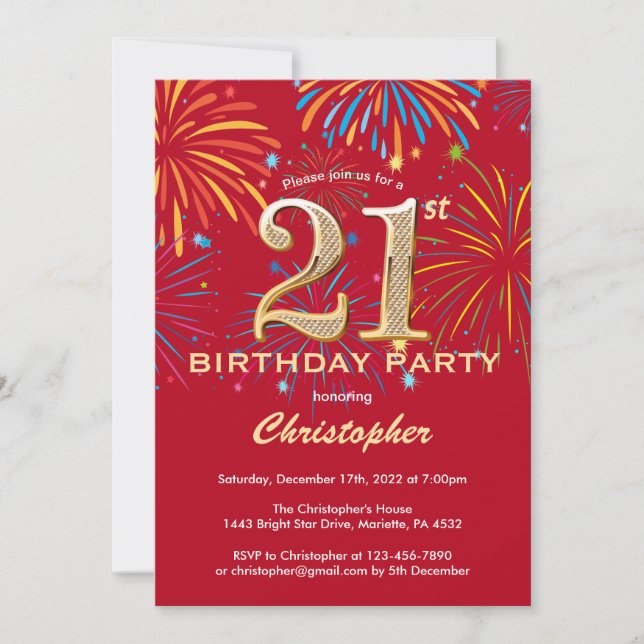 Invitation 21e anniversaire Red and Gold Rainbow Fireworks (Devant)