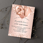 Invitation 21e anniversaire rose ballons d'or luxueux<br><div class="desc">Pour un 21ème anniversaire élégant. Un arrière - plan rose à l'apparence métallique. Décoré d'or rose, de faux glitte rose, de mousseux et de ballons. Personnalisez et ajoutez un nom, ainsi que les détails du parti. Le nom est écrit avec un script de style écrit à la main, numéro 21...</div>