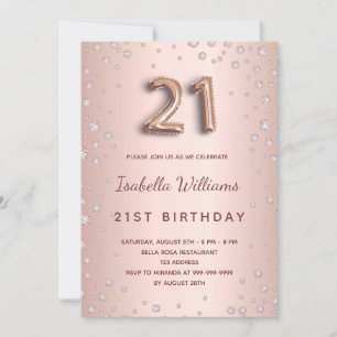 Invitation 21e anniversaire rose diamants d'or