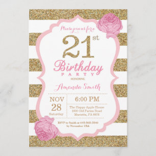 Invitation 21e anniversaire rose et or Floral