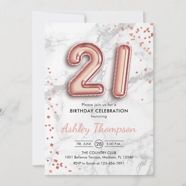 Invitation 21e anniversaire - Rose Gold Balloons effet marbre (Devant)