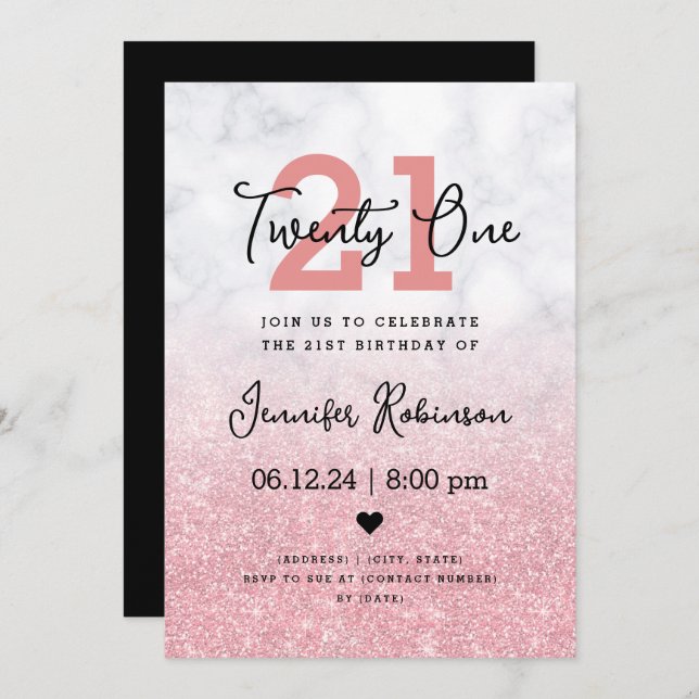 Invitation 21e Anniversaire Rose Gold Parties scintillant Mar (Devant / Derrière)
