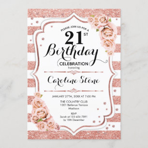 Invitation 21e anniversaire - Rose Gold White Stripes