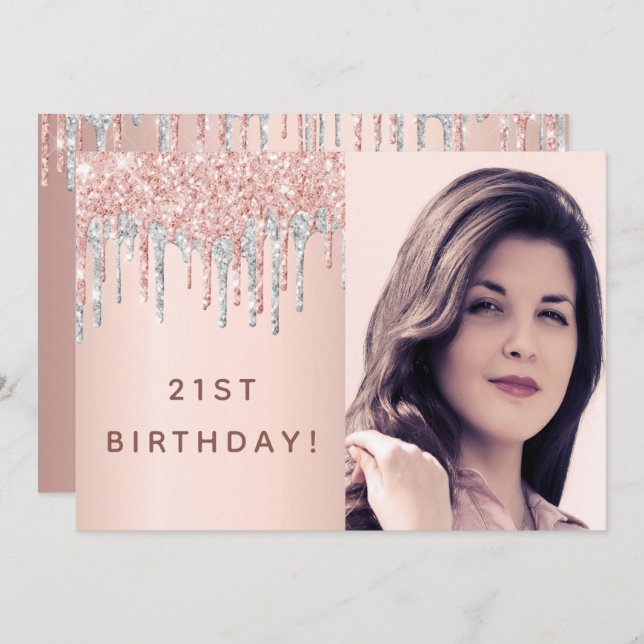 Invitation 21e anniversaire rose or parties scintillant photo (Devant / Derrière)