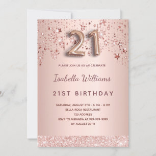 Invitation 21e anniversaire rose or rose étoiles script ballo