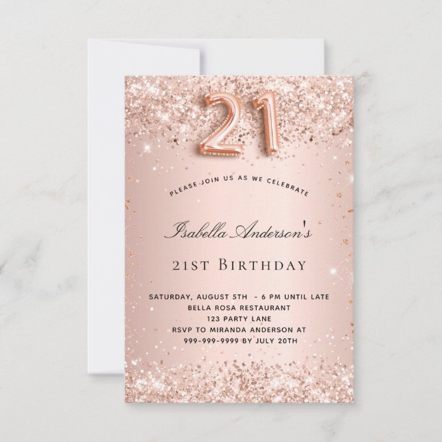 Invitation 21e anniversaire rose parties scintillant blush or (Devant)