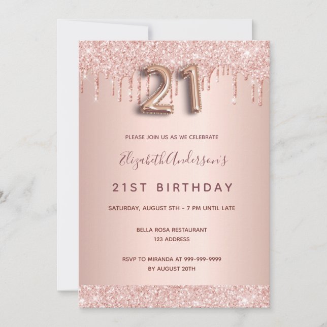 Invitation 21e anniversaire rose parties scintillant or goutt (Devant)