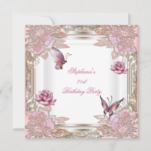 Invitation 21e Anniversaire Rose Rose Blanc Papillon