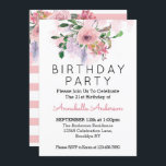 Invitation 21e Anniversaire rose rose floral rayures<br><div class="desc">Célébrez votre anniversaire avec cette Elégante Invitation Florale d'aquarelle rose rose rose pâle pour 21e anniversaire.</div>