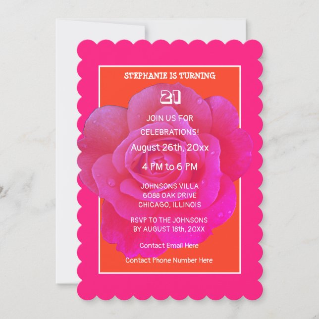 Invitation 21e Anniversaire Rose rose orange Floral Élégant m (Devant)
