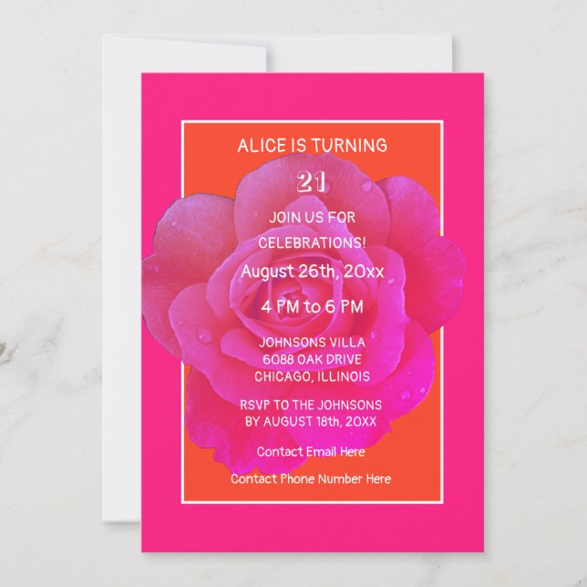 Invitation 21e Anniversaire Rose rose orange Floral Moderne C (Devant)