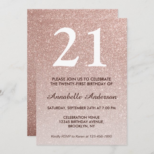 Invitation 21e anniversaire Rose Rose Parties scintillant or  (Devant / Derrière)