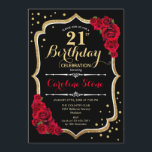 Invitation 21e anniversaire - Roses rouges noires d'or<br><div class="desc">Invitation à célébrer le 21e anniversaire. Design noir élégant avec de l'or de parties scintillant et des roses rouges. Parfait pour une soirée d'anniversaire élégante. Peut être customisé à n'importe quel âge.</div>