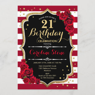 Invitation 21e anniversaire - Rouge or noir blanc rayures Ros