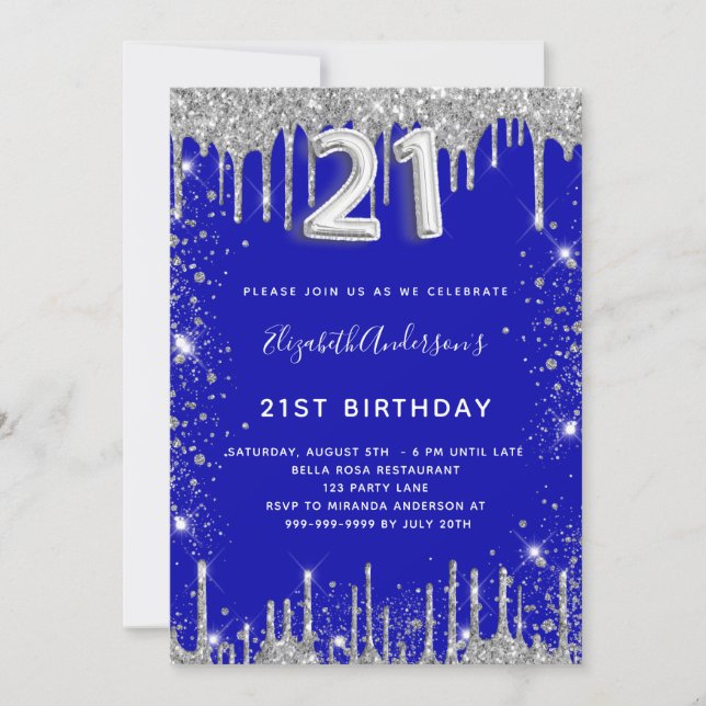 Invitation 21e anniversaire royal bleu argent parties scintil (Devant)