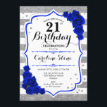 Invitation 21e anniversaire - Royal Blue Silver White Stripes<br><div class="desc">Invitation du 21e anniversaire. Design élégant en faux parties scintillant argent,  blanc et bleu roi. Doté d'un fort élégant,  rayures et roses bleus. Parfait pour une soirée d'anniversaire élégante. Peut être customisé à n'importe quel âge.</div>